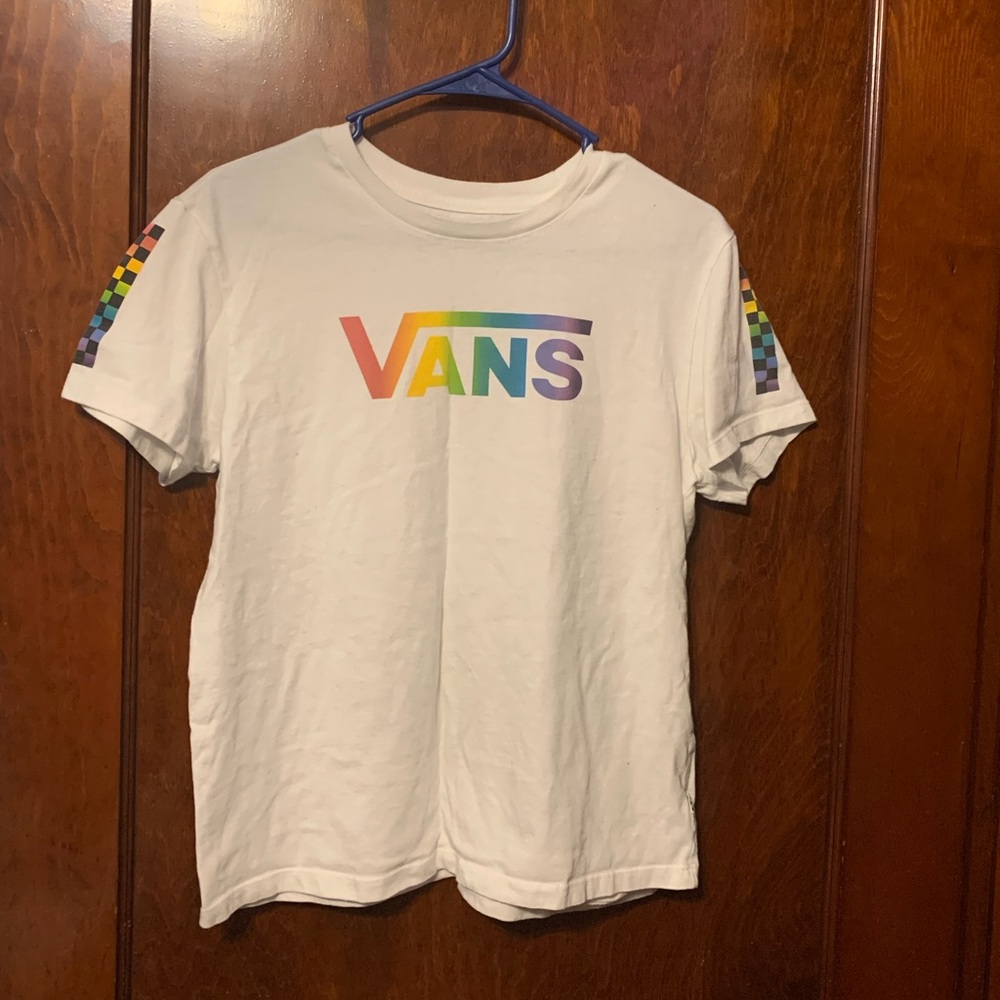 White vans shirt with rainbow logo and checkered short sleeve